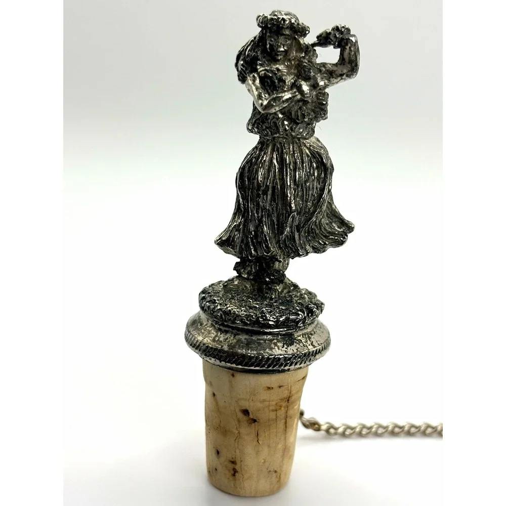 Vintage/Retro Metal & Cork Hula Girl Bottle Stopper w/ Chain Silver Beige